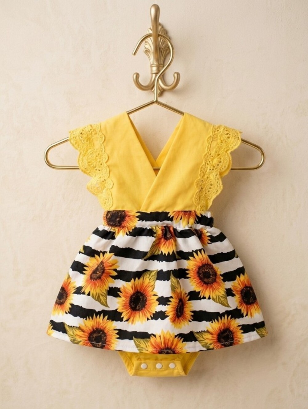 High End Hand Crafted Yellow Sunflower Baby Dress Romper ☀️